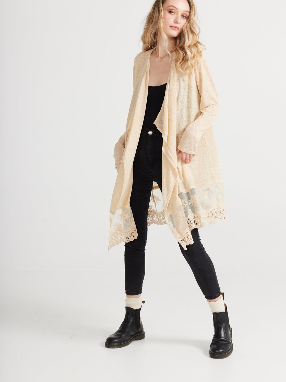 Miss Rose Sister Violet Poet Cardigan – Biscotti - Vintage Lace Trim